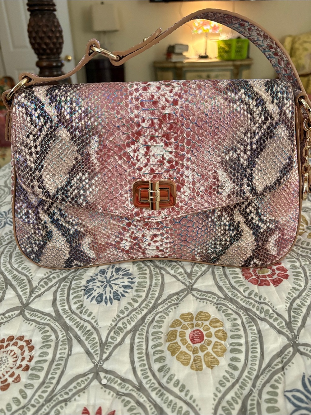 Brahmin Nerida Multi Skyterra Pink Snake-Print Shoulder Bag with Gold Hardware